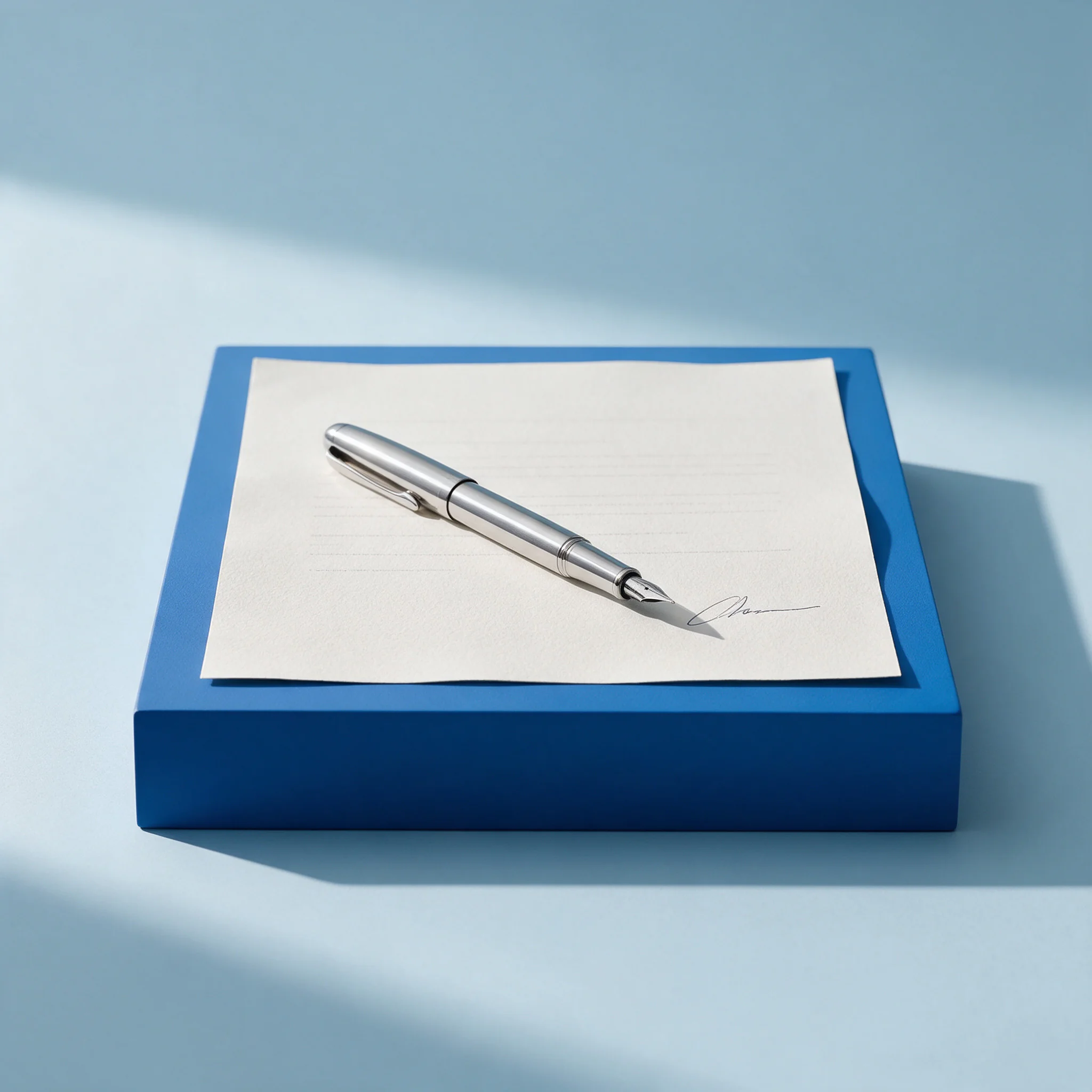 Contrato assinado com caneta-tinteiro sobre um bloco azul-cobalto